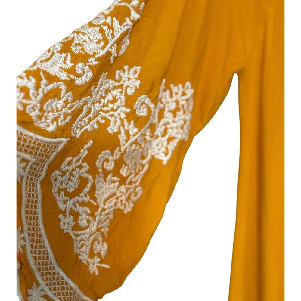 Chic Connection California Boho Embroidered Dress Top M Mustard Lace Peasant - Picture 4 of 4